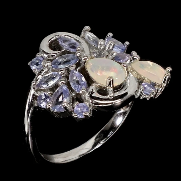Unheated Fire Opal 6x4mm & Tanzanite 925 Sterling Silver Ring Sz 6.5 - Picture 4 of 5